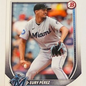 2025 Bowman # 39 Eury Pérez Miami Marlins Baseball Card - Grey Uniform